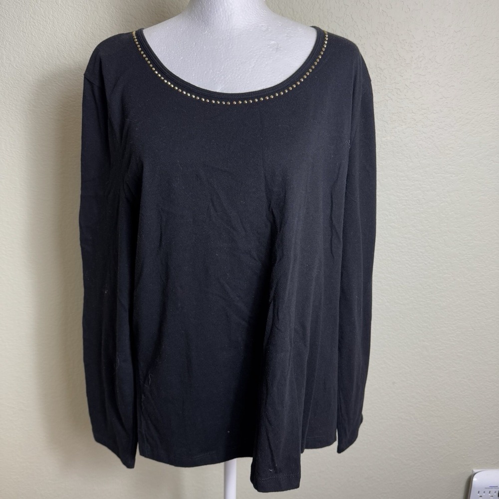 Ellen Tracy Top Womens L Black Gold‎ Studded Scoop Neck Long Sleeve Tee Shirt